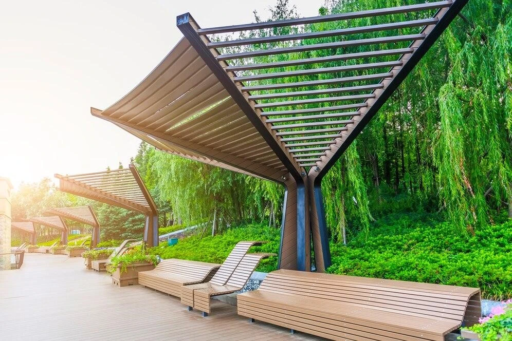 Stylish louvered gazebo with bench