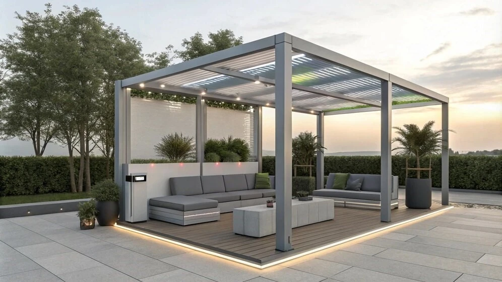 louvered pergola with light and furniture installation