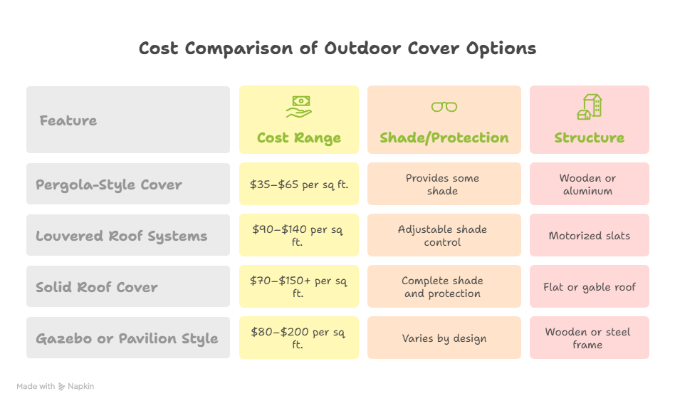 Cost comparizon chart on basis of different types of covered patio