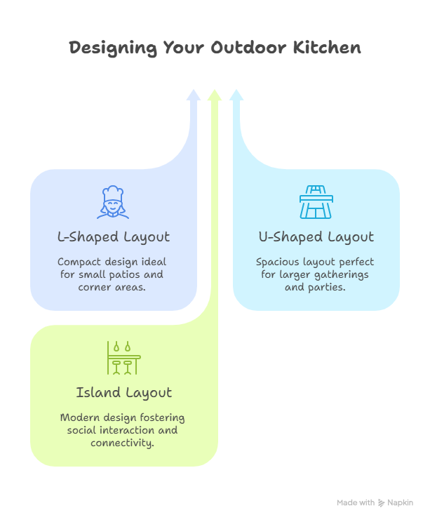 Infographic showing various kitchen layouts like l shaped, U shape outdoor kitchen layout