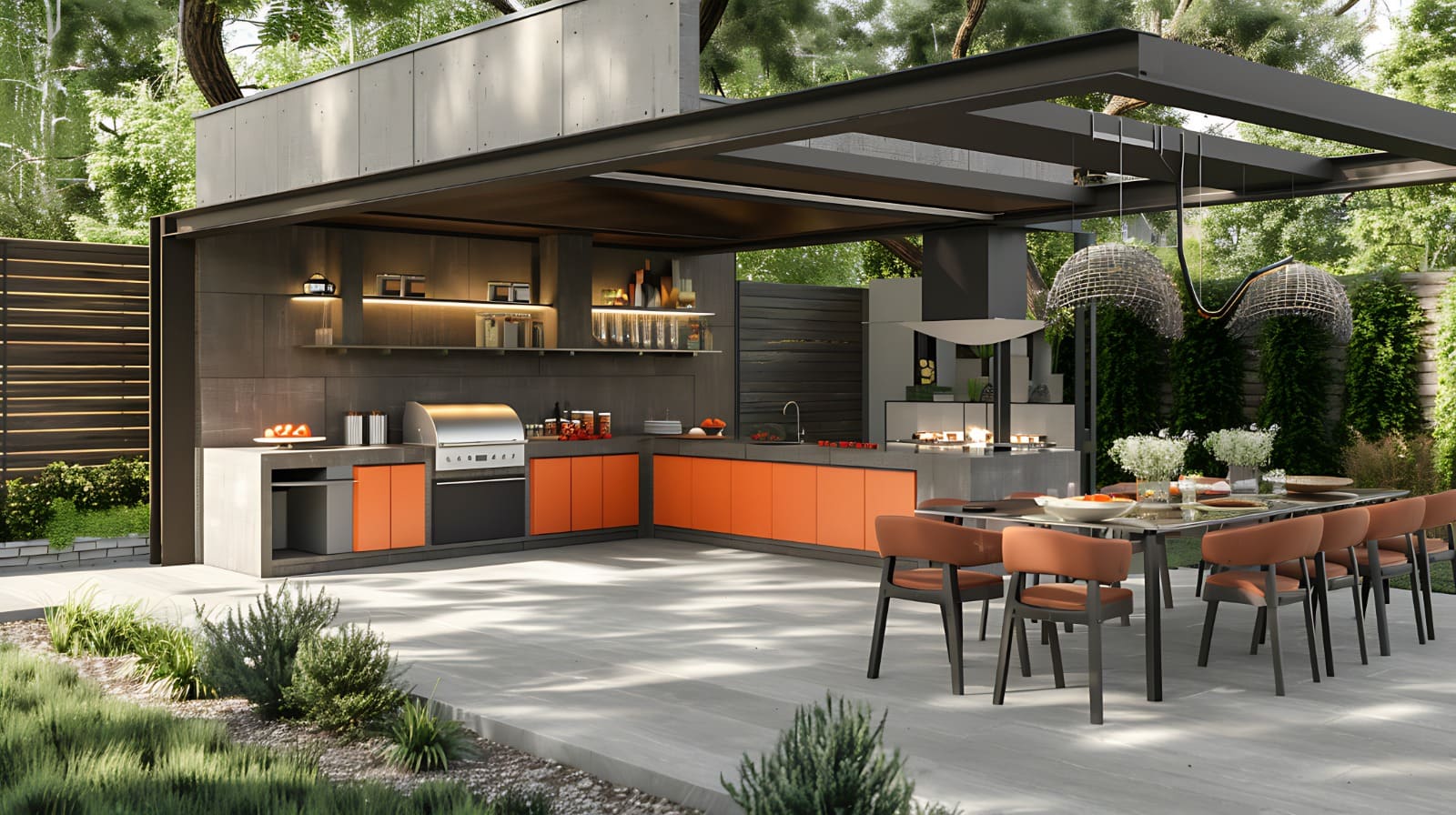 outdoor kitchen in san diego with siting arrangements and red black theme