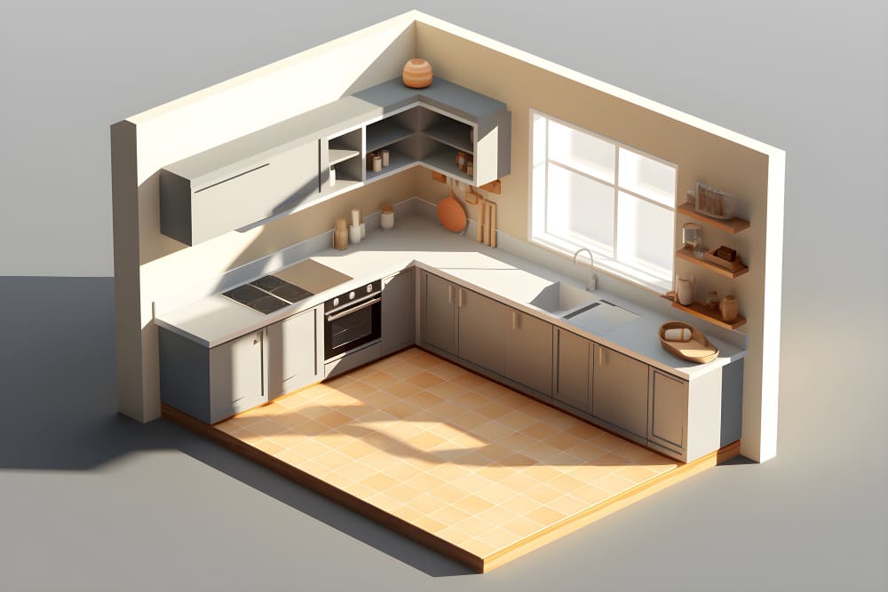 3D model of a kitchen representing importance of a good kitchen layout