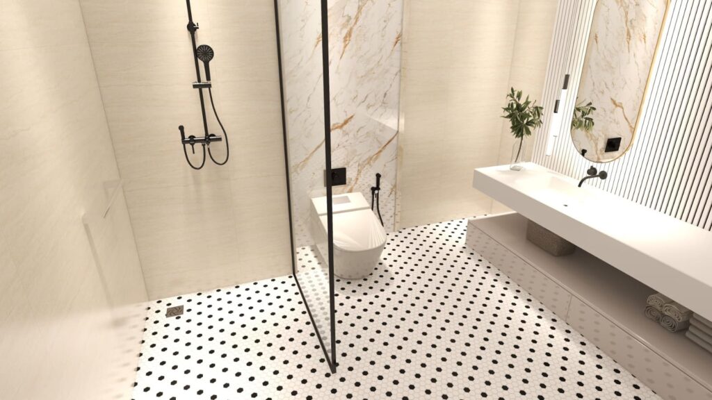 Matching floor and shower floor for small master bathrooms