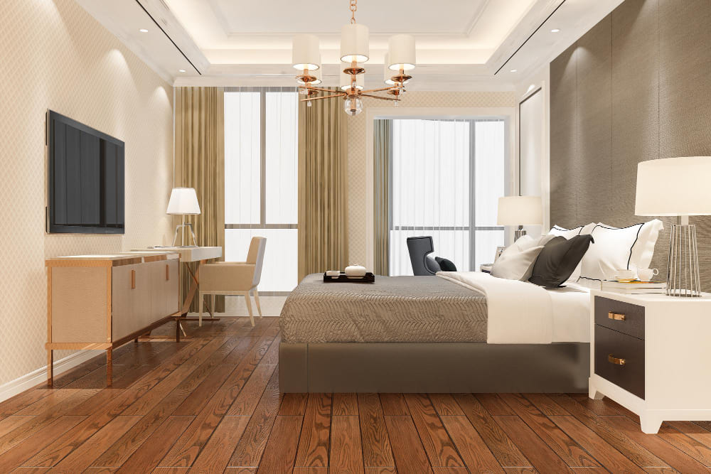 luxury master bedroom wooden plank flooring ideas